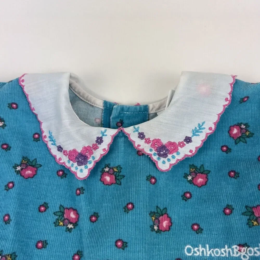 OSHKOSH B'GOSH Corduroy Long Sleeve Dress VTG 90s Floral Blue Kids Youth Girl 6